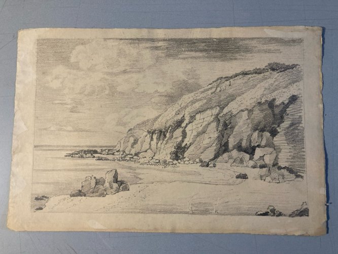 Grand Dessin XIXe 1850 crayon Paysage Océan Bretagne Cote Ancien A Identifier