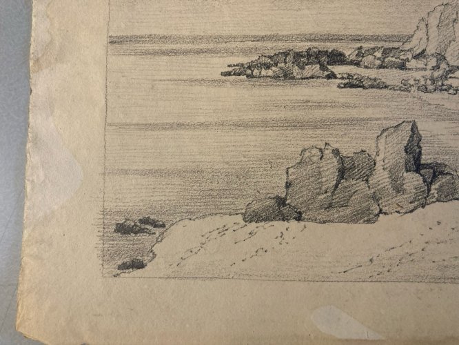 Grand Dessin XIXe 1850 crayon Paysage Océan Bretagne Cote Ancien A Identifier