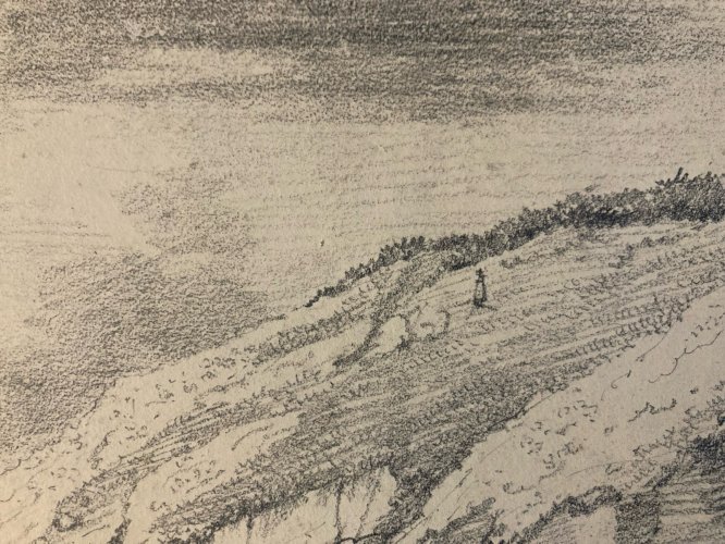 Grand Dessin XIXe 1850 crayon Paysage Océan Bretagne Cote Ancien A Identifier