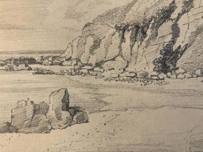 Grand Dessin XIXe 1850 crayon Paysage Océan Bretagne Cote Ancien A Identifier