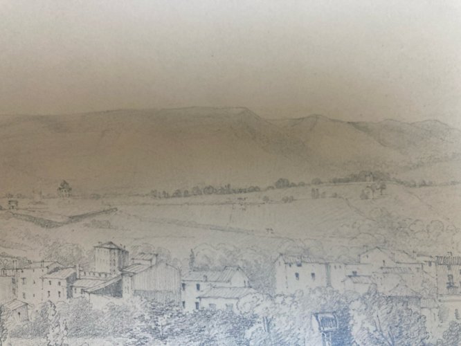 Grand Dessin XIXe 1850 crayon Paysage Village Toscane ? Ancien A Identifier Art