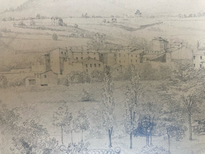 Grand Dessin XIXe 1850 crayon Paysage Village Toscane ? Ancien A Identifier Art