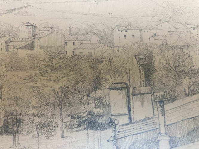 Grand Dessin XIXe 1850 crayon Paysage Village Toscane ? Ancien A Identifier Art