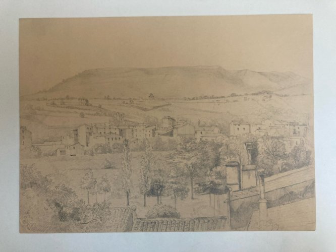 Grand Dessin XIXe 1850 crayon Paysage Village Toscane ? Ancien A Identifier Art
