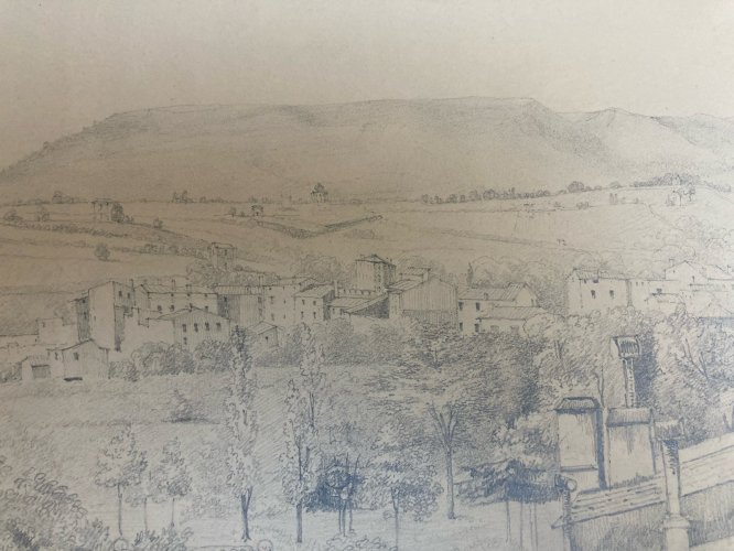Grand Dessin XIXe 1850 crayon Paysage Village Toscane ? Ancien A Identifier Art