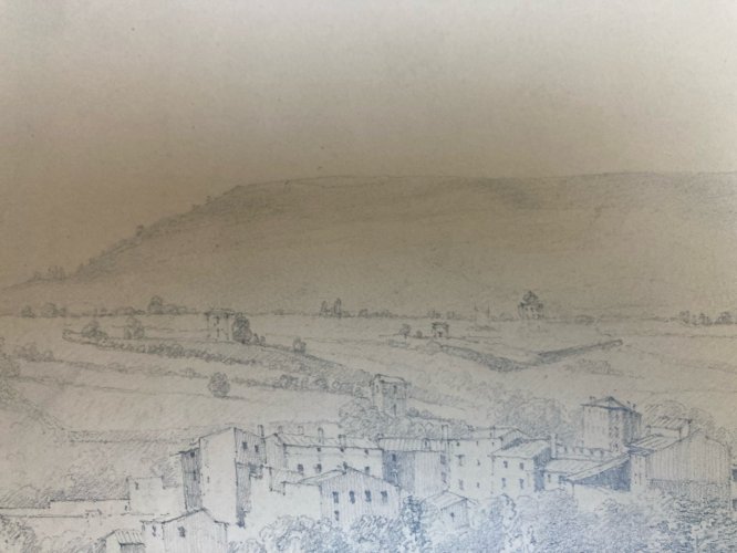 Grand Dessin XIXe 1850 crayon Paysage Village Toscane ? Ancien A Identifier Art