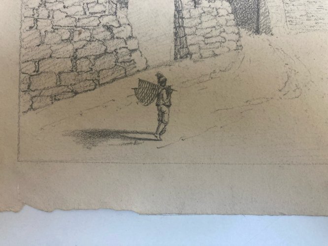 Grand Dessin XIXe 1850 crayon Pêche Pêcheur Peche Poisson Ancien A Identifier