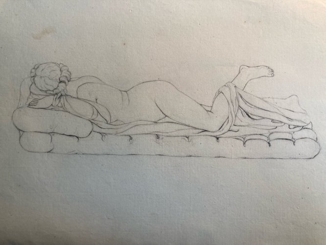 Grand Dessin XIXe antique Nu Femme crayon Art Ancien 1850 Couché Grec Erotique
