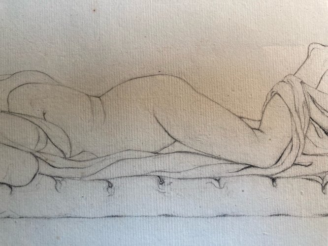 Grand Dessin XIXe antique Nu Femme crayon Art Ancien 1850 Couché Grec Erotique