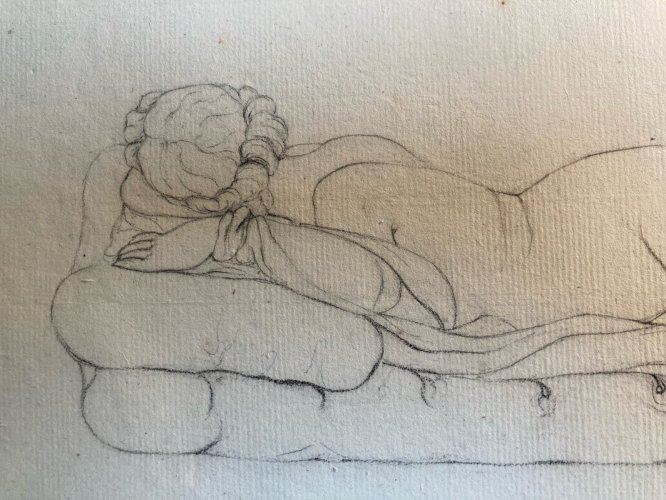 Grand Dessin XIXe antique Nu Femme crayon Art Ancien 1850 Couché Grec Erotique