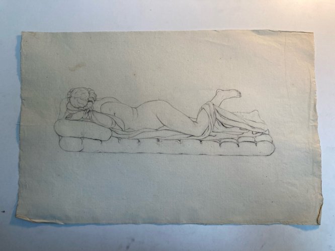 Grand Dessin XIXe antique Nu Femme crayon Art Ancien 1850 Couché Grec Erotique