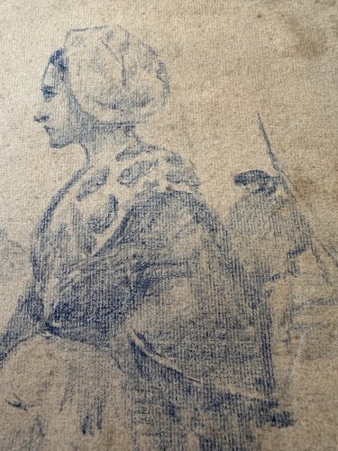 Grand Dessin XIXe - Crayon Bleu - Etude - Realisme- Ecole Francaise - Croquis