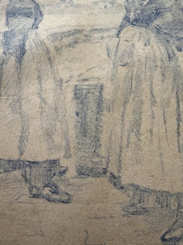 Grand Dessin XIXe - Crayon Bleu - Etude - Realisme- Ecole Francaise - Croquis