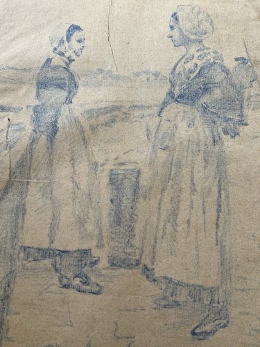 Grand Dessin XIXe - Crayon Bleu - Etude - Realisme- Ecole Francaise - Croquis