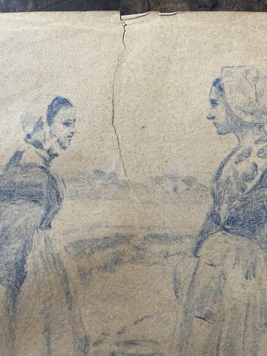 Grand Dessin XIXe - Crayon Bleu - Etude - Realisme- Ecole Francaise - Croquis