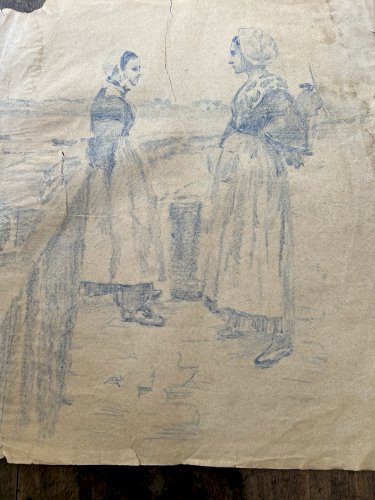 Grand Dessin XIXe - Crayon Bleu - Etude - Realisme- Ecole Francaise - Croquis