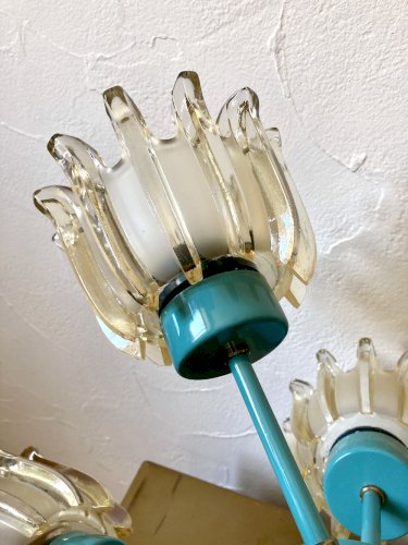 Grand lustre 9 feux en verre moulé et métal turquoise, Leclaire & Schäfer – Années 1960