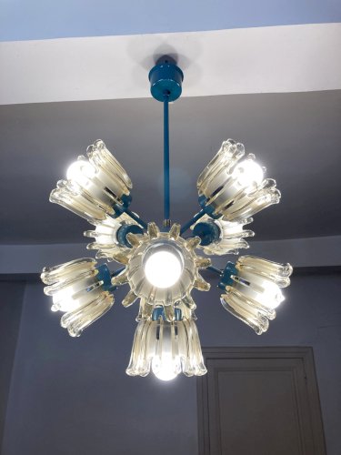 Grand lustre 9 feux en verre moulé et métal turquoise, Leclaire & Schäfer – Années 1960