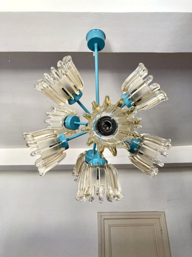 Grand lustre 9 feux en verre moulé et métal turquoise, Leclaire & Schäfer – Années 1960