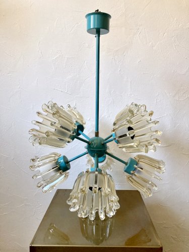 Grand lustre 9 feux en verre moulé et métal turquoise, Leclaire & Schäfer – Années 1960