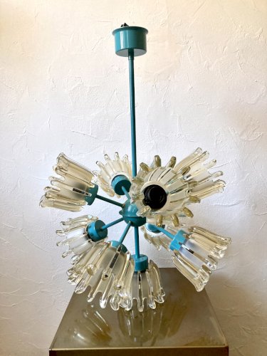 Grand lustre 9 feux en verre moulé et métal turquoise, Leclaire & Schäfer – Années 1960