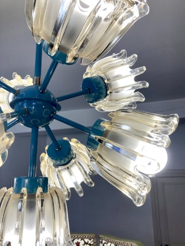 Grand lustre 9 feux en verre moulé et métal turquoise, Leclaire & Schäfer – Années 1960
