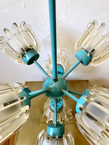 Grand lustre 9 feux en verre moulé et métal turquoise, Leclaire & Schäfer – Années 1960