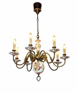 Antique Large Brass & Painted Porcelain Chandelier 8 Lights Ø76cm Floral
