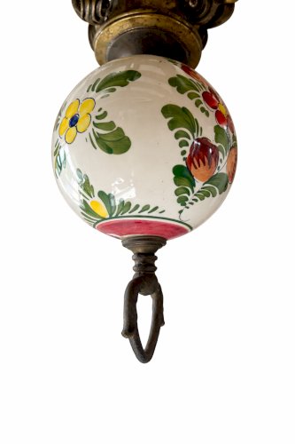 Grand Lustre Ancien Laiton & Porcelaine Peinte 8 Feux Ø76cm Floral