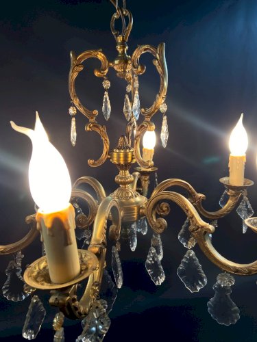 Grand lustre cage de style Louis XV en bronze & pampilles cristal à 6 lumières