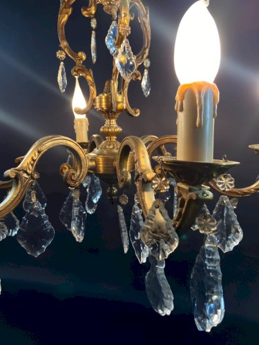 Grand lustre cage de style Louis XV en bronze & pampilles cristal à 6 lumières