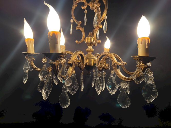 Grand lustre cage de style Louis XV en bronze & pampilles cristal à 6 lumières