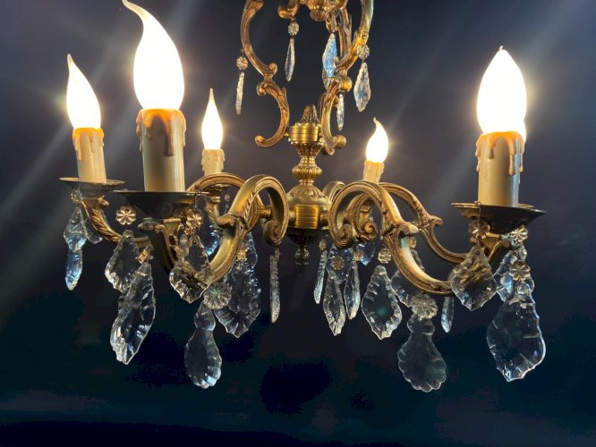 Grand lustre cage de style Louis XV en bronze & pampilles cristal à 6 lumières