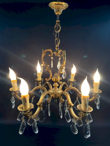 Grand lustre cage de style Louis XV en bronze & pampilles cristal à 6 lumières