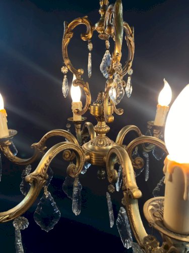 Grand lustre cage de style Louis XV en bronze & pampilles cristal à 6 lumières