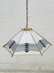 Large vintage pendant chandelier in brass and opaline glass by Massive