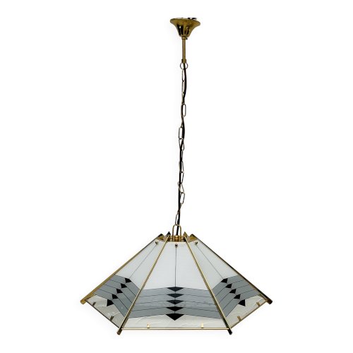Grand lustre suspension Massive en laiton et verre opalin vintage