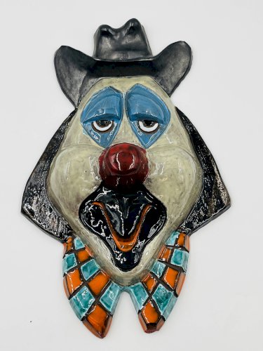 Grand masque de clown mural en terre cuite émaillée