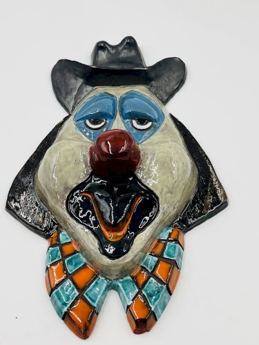 Grand masque de clown mural en terre cuite émaillée
