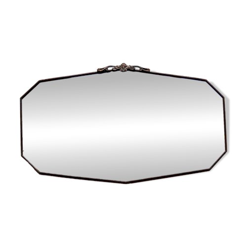 Grand miroir ancien biseauté – bois foncé et nœud décoratif en métal bronzé