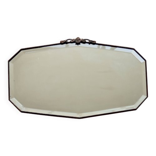 Grand miroir ancien biseauté – bois foncé et nœud décoratif en métal bronzé