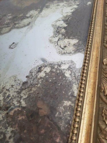 Grand Miroir Louis Philippe Ancien A Fronton Au Mercure, Hauteur 107cm, Vintage