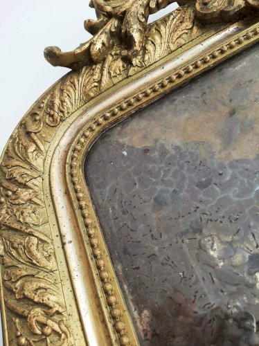 Grand Miroir Louis Philippe Ancien A Fronton Au Mercure, Hauteur 107cm, Vintage