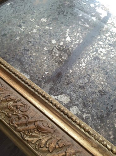 Grand Miroir Louis Philippe Ancien A Fronton Au Mercure, Hauteur 107cm, Vintage