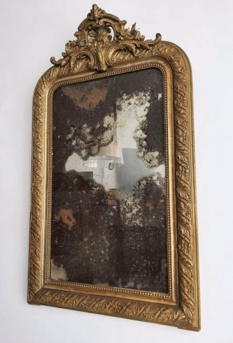 Grand Miroir Louis Philippe Ancien A Fronton Au Mercure, Hauteur 107cm, Vintage