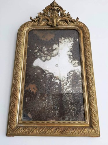 Grand Miroir Louis Philippe Ancien A Fronton Au Mercure, Hauteur 107cm, Vintage