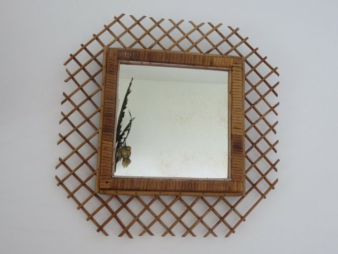GRAND MIROIR MURAL EN ROTIN HEXAGONAL ANNEES 50 60 VINTAGE