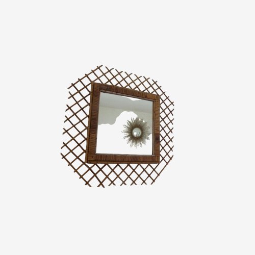 GRAND MIROIR MURAL EN ROTIN HEXAGONAL ANNEES 50 60 VINTAGE