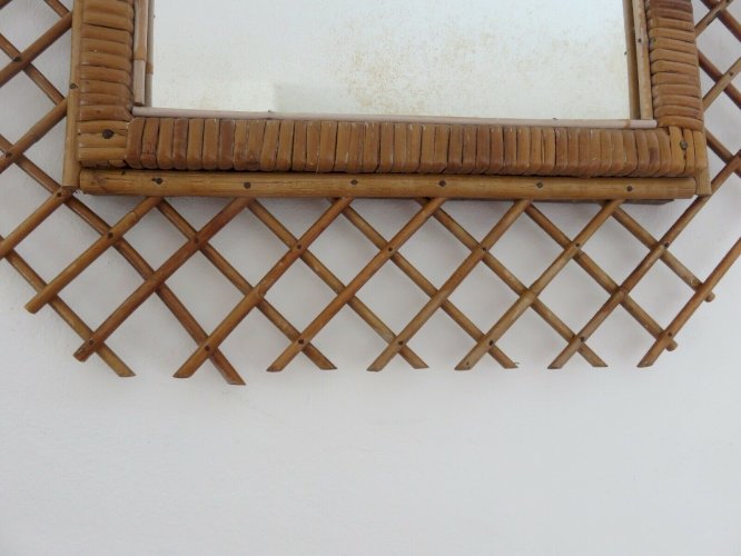 GRAND MIROIR MURAL EN ROTIN HEXAGONAL ANNEES 50 60 VINTAGE
