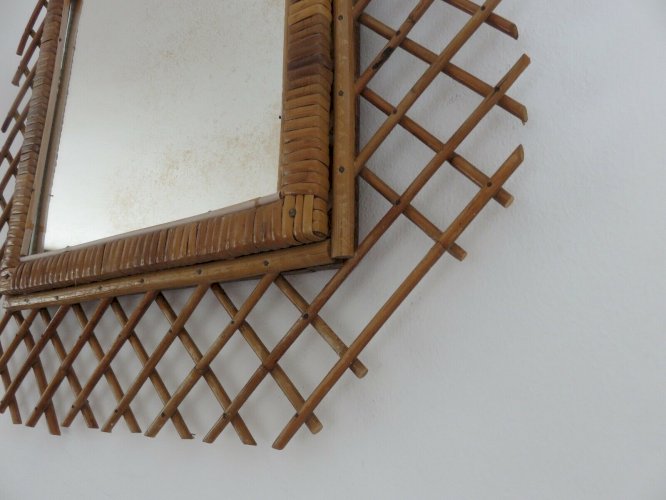 GRAND MIROIR MURAL EN ROTIN HEXAGONAL ANNEES 50 60 VINTAGE